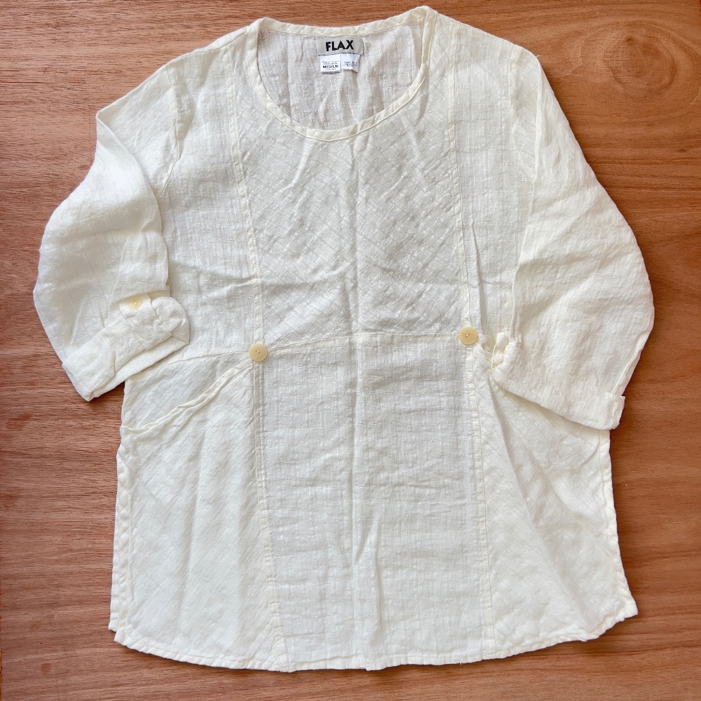 FLAX 100% linen tunic top size M cream ivory lagenlook pockets roll tab sleeves